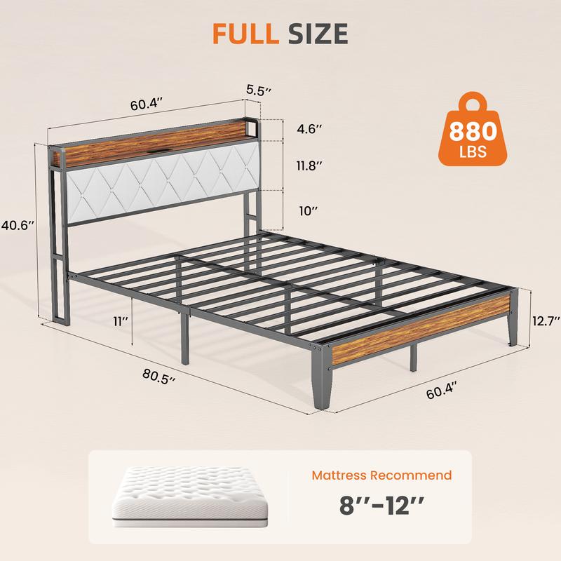 Estructura de cama completa con cabecero, espacio de almacenamiento debajo de la cama, puertos de carga integrados, diseño robusto y silencioso, montaje sin herramientas, no requiere somier.