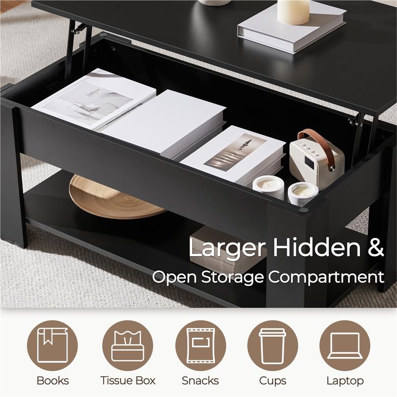 Mesa de centro elevable Yaheetech con compartimento oculto y 2 estantes abiertos. Diseño multiusos. Elevador a gas. Ideal para espacios pequeños. Perfecta para sala de estar, oficina o el hogar.