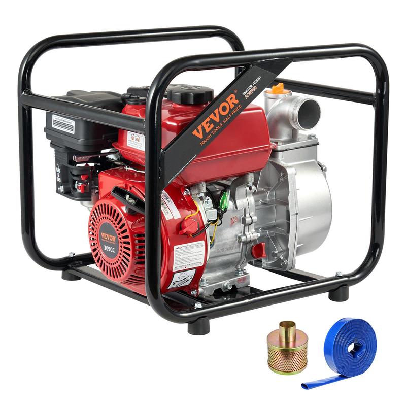 Bomba de lodos de gasolina de alta resistencia, 50 mm (2 pulg.), motor de 4 tiempos y 7 HP, bomba de transferencia de agua de 132 GPM, manguera de salida de 7,62 m (25 pies), elevación máxima de 30 m (98 pies), succión de 8 m (26 pies), impulsor de hierro