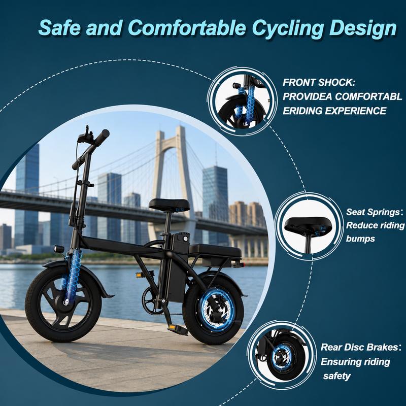 【Bicicleta eléctrica】 Bicicleta eléctrica | Potencia máxima de 750 W | Velocidad máxima de 35 km/h | Neumáticos de 35,5 cm | Autonomía de 35 a 64 km | Asiento doble | Freno monomando | Asiento regulable en altura