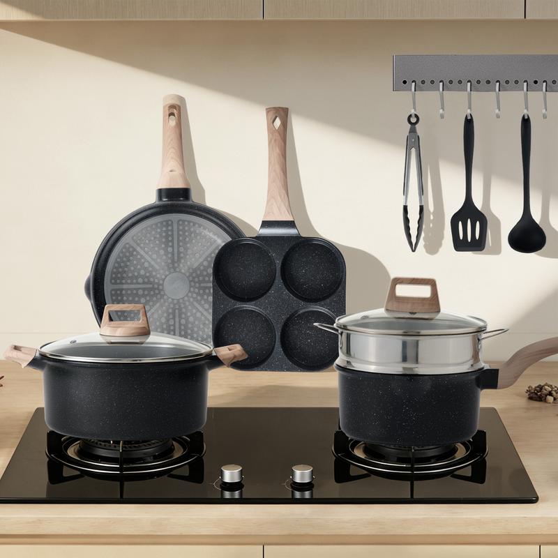 Juego de 25 piezas de utensilios de cocina resistentes, antiadherentes, de cerámica y granito, ollas y sartenes de aluminio ligero con tapas de vidrio, asas que se mantienen frías, apto para inducción para una cocina saludable.