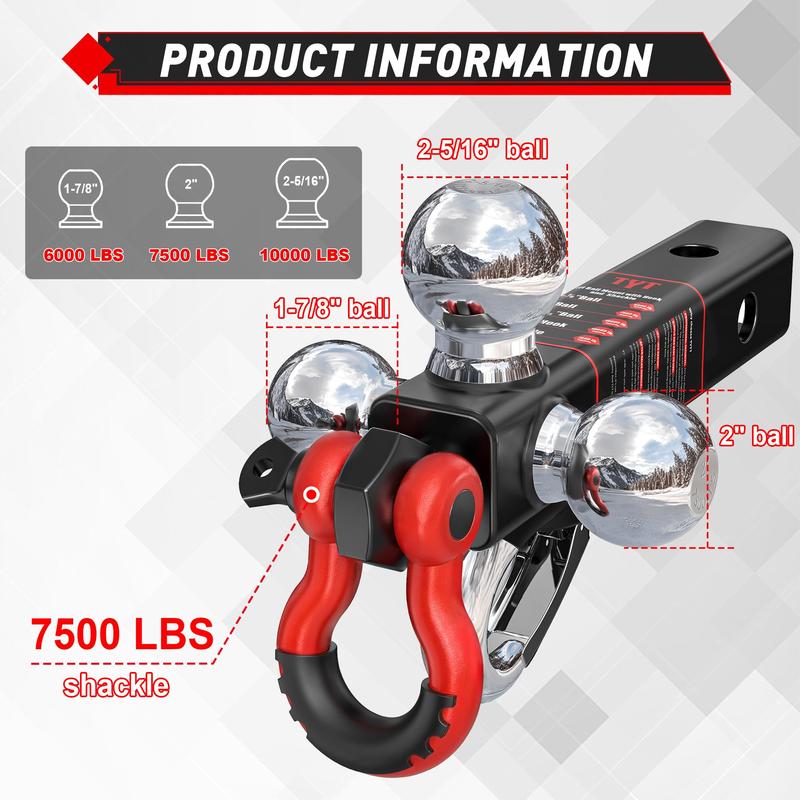 Enganche de remolque TYT ajustable de alta resistencia con tres bolas, compatible con receptores de 2 pulgadas, tres bolas (1-7/8", 2", 2-5/16"), soporte de bola sólido con gancho y grillete de remolque, pasador de bloqueo antirrobo, capacidad de carga to