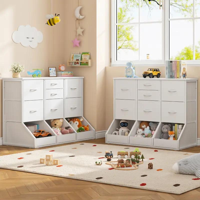 Organizador de almacenamiento Raybee de 99 cm de ancho con 7 cajones con cierre, 3 cajones con diseño de apertura espaciosa, estantería alta y librería para niños y niñas, cómoda moderna, mueble para el hogar que ahorra espacio para sala de juegos, aula, 