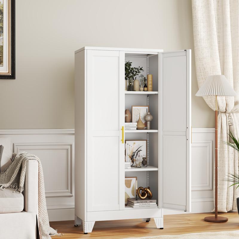 Armario despensa metálico con 2 puertas y estantes ajustables, GEITIN, armario de almacenamiento de cocina de 61" con tiradores dorados, versátil para cocina, baño, comedor y lavadero.
