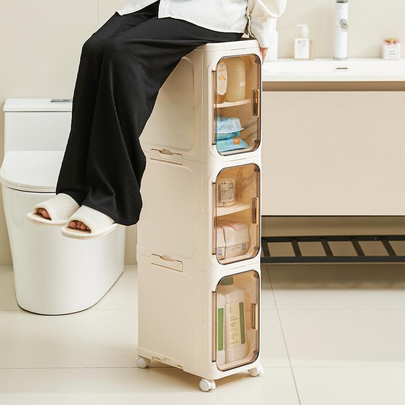 Armario de almacenamiento UFORU de cuatro niveles, alto y estrecho, fabricado en plástico, con un diseño delgado, puertas y estantes ajustables, ruedas, apilable y plegable, adecuado para espacios pequeños, baños y cocinas.