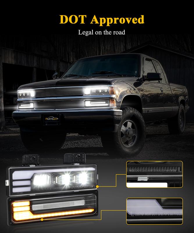 Conjunto de faros LED homologados por el DOT para Silverado C/K 1500/2500/3500 88-98, 6500K con intermitentes secuenciales, luz diurna con animación de arranque y luz alta/baja.