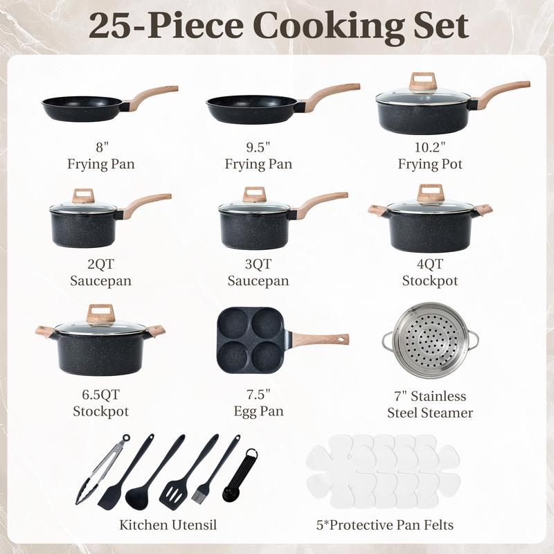 Juego de 25 piezas de utensilios de cocina resistentes, antiadherentes, de cerámica y granito, ollas y sartenes de aluminio ligero con tapas de vidrio, asas que se mantienen frías, apto para inducción para una cocina saludable.