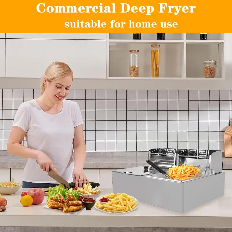 Freidora de doble cesta de 3400 W - Freidora eléctrica de acero inoxidable de 12 L con control de temperatura independiente, depósitos de aceite desmontables y tubos calefactores en forma de U.
