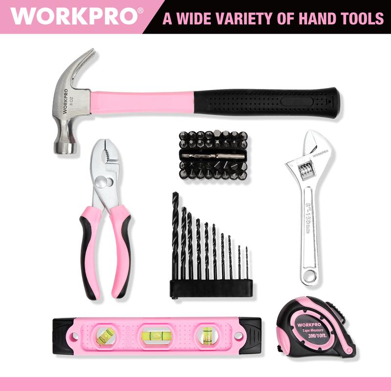 #rebajasdeverano WORKPRO Taladro atornillador inalámbrico rosa de 12 V y kit de herramientas para el hogar, juego de herramientas manuales para bricolaje y mantenimiento del hogar, incluye bolsa de almacenamiento de 35 cm - Cinta rosa