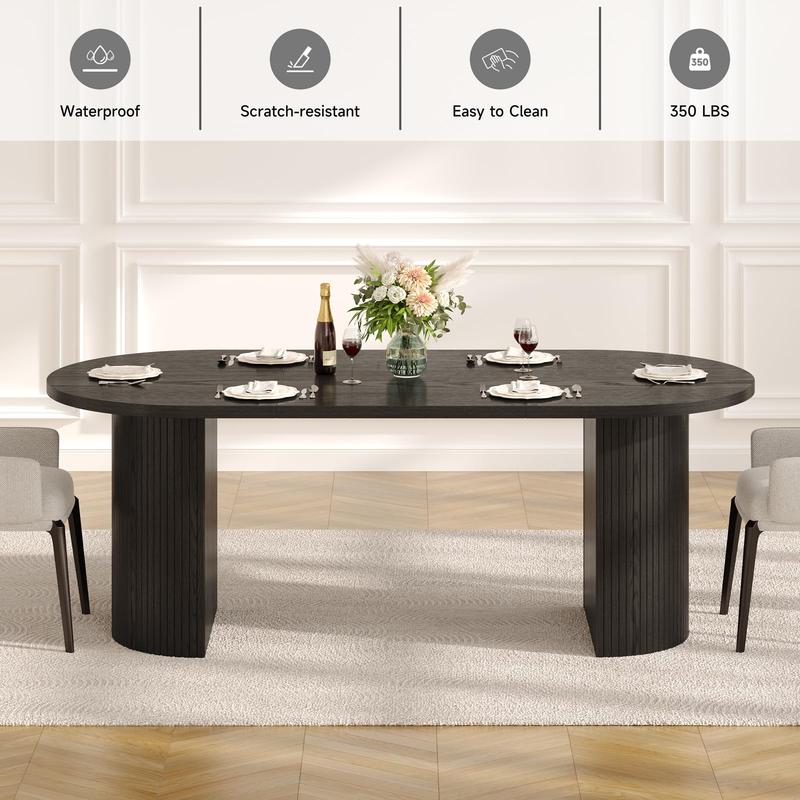 Mesa de comedor de 70,8 pulgadas para 4-6 personas, mesa de comedor ovalada con base de listones de madera curvados y estriados, mesas de cocina modernas de mediados de siglo con almohadillas en las patas, mesas de comedor para sala de estar, comedor