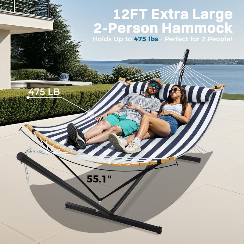 Hamaca doble portátil SUPERJARE de tela ajustable a rayas con soporte, hamaca acolchada de algodón y poliéster de alta resistencia de hasta 204 kg (450 lbs), almohada desmontable, barra curva resistente, bolsa de transporte portátil, ideal para decoración