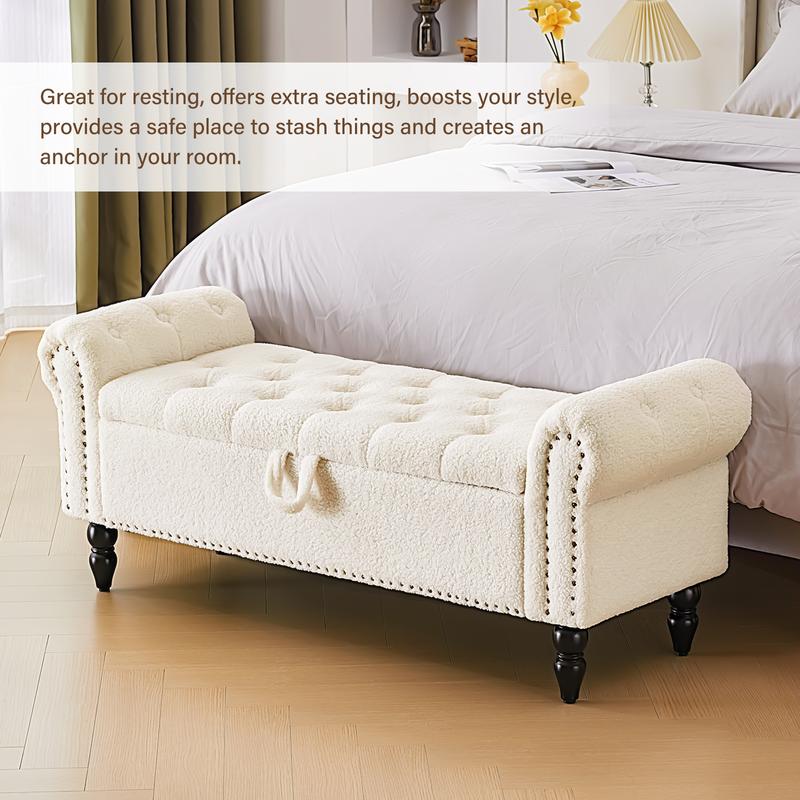 Banco otomano con almacenamiento para cama Queen/King, banco tapizado para el pie de la cama con brazos enrollados para dormitorio, sala de estar, recibidor, taburete acolchado suave, reposapiés