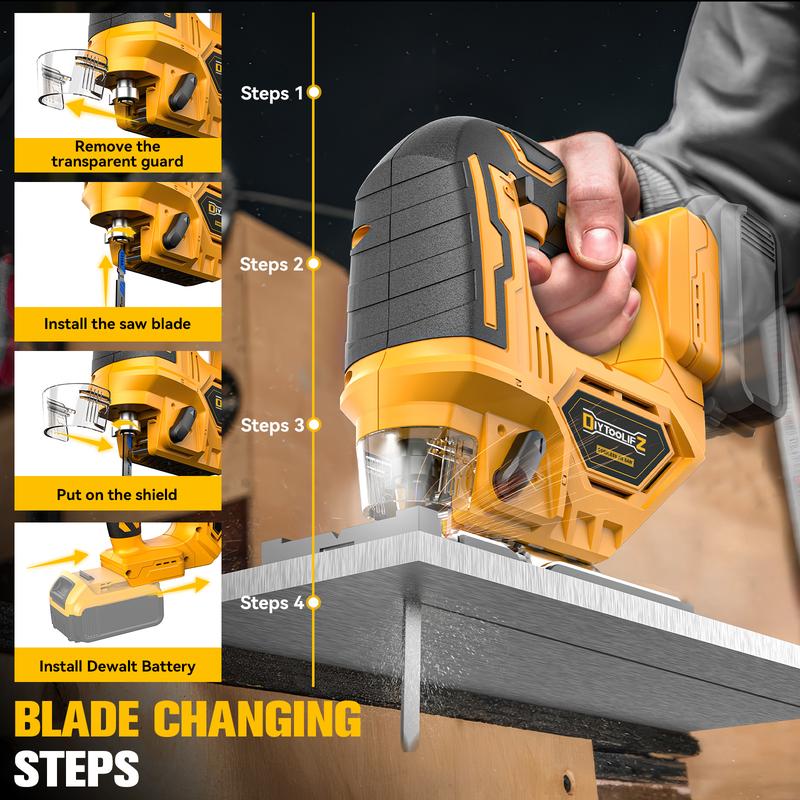 Sierra de calar inalámbrica compatible con batería Dewalt de 20 V (¡¡SIN BATERÍA!!), herramienta de sierra de calar sin escobillas, 2900 RPM, bisel de 0° a 45°, 3 acciones orbitales, luz LED para corte recto/curvo. Herramienta eléctrica para la vuelta al 
