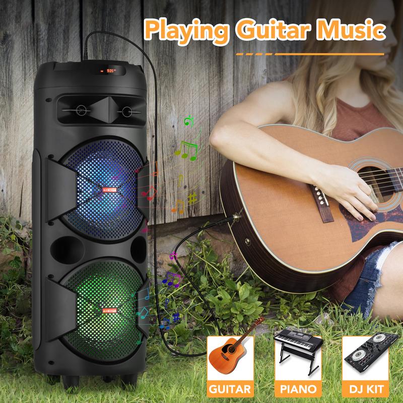 Altavoz inalámbrico doble de 8 pulgadas, sistema de altavoces portátil para fiestas, estéreo Bluetooth, woofer de 2x8", TWS, recargable, radio FM, control remoto, micrófono, iluminación LED y USB.