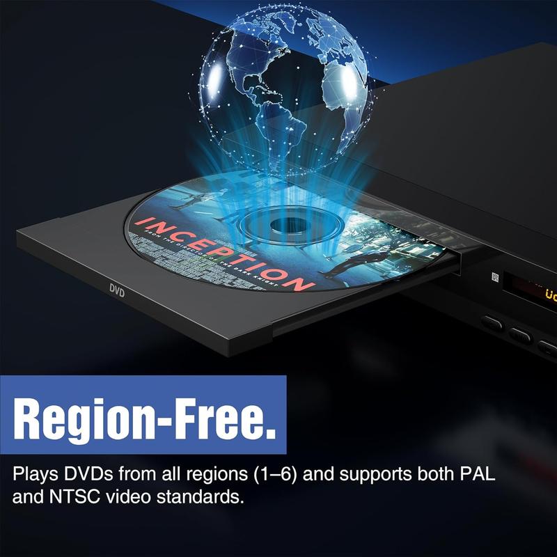 Reproductor multimedia de DVD delgado, reproductor de video HD 1080p, conexión a TV, multirregión, compatible con CD domésticos, soporte de audio digital, puerto USB, control remoto, carcasa resistente, antichoque, plug-and-play, función de presentación d