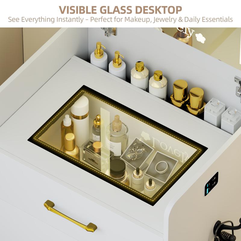 Tocador compacto 3 en 1 Vlsrka: tocador con espejo, lámpara integrada, cajones de almacenamiento y taburete, tocador con espejo para dormitorio, tocadores de maquillaje inteligentes y automáticos para residencias estudiantiles, tocadores con lámpara integ