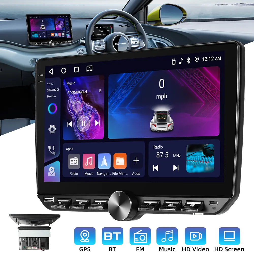 Autoestéreo y reproductor MP5 de 10.1" con Android 15, 4 GB + 64 GB, CarPlay y Android Auto inalámbricos, FM/RDS, 6 salidas RCA.