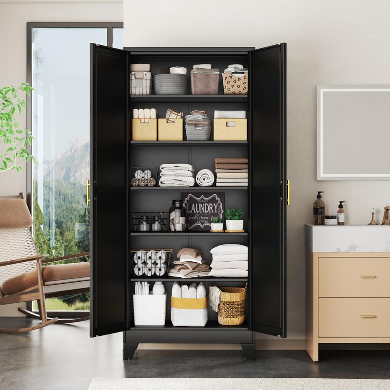 Armario despensa metálico con 2 puertas y 5 estantes ajustables, 190 cm (75"), armarios de almacenamiento de cocina con tiradores dorados, almacenamiento versátil para lavadero, sala de estar, baño, comedor, cuarto de servicio, organizador de muebles para