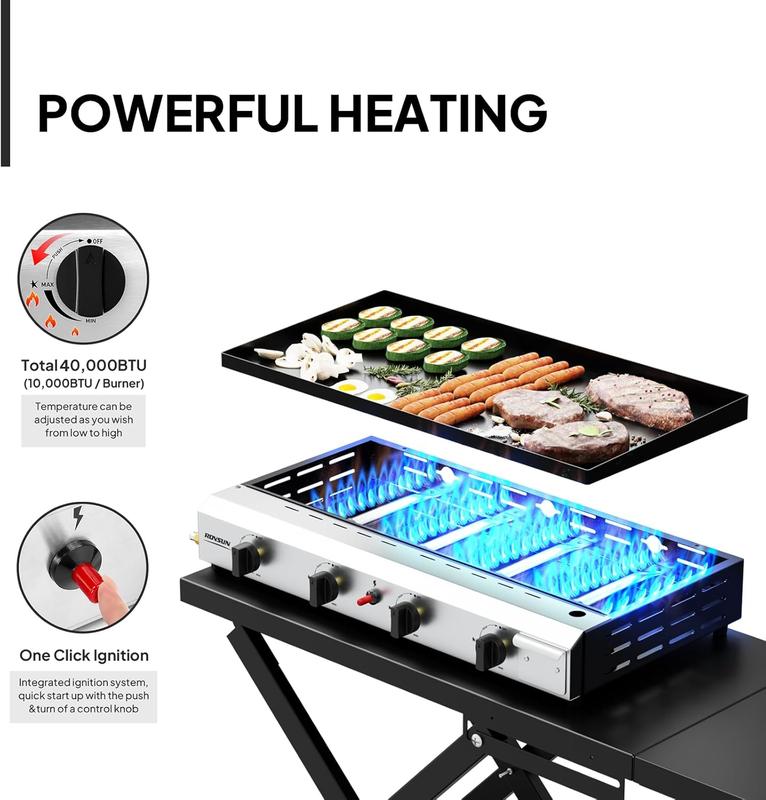 Plancha plegable de propano ROVSUN de 4 quemadores con ruedas y bandeja esmaltada, parrilla de gas portátil de superficie plana de 40000 BTU con encendido electrónico y regulador para cocinar al aire libre, acampar, barbacoas, picnics y eventos deportivos