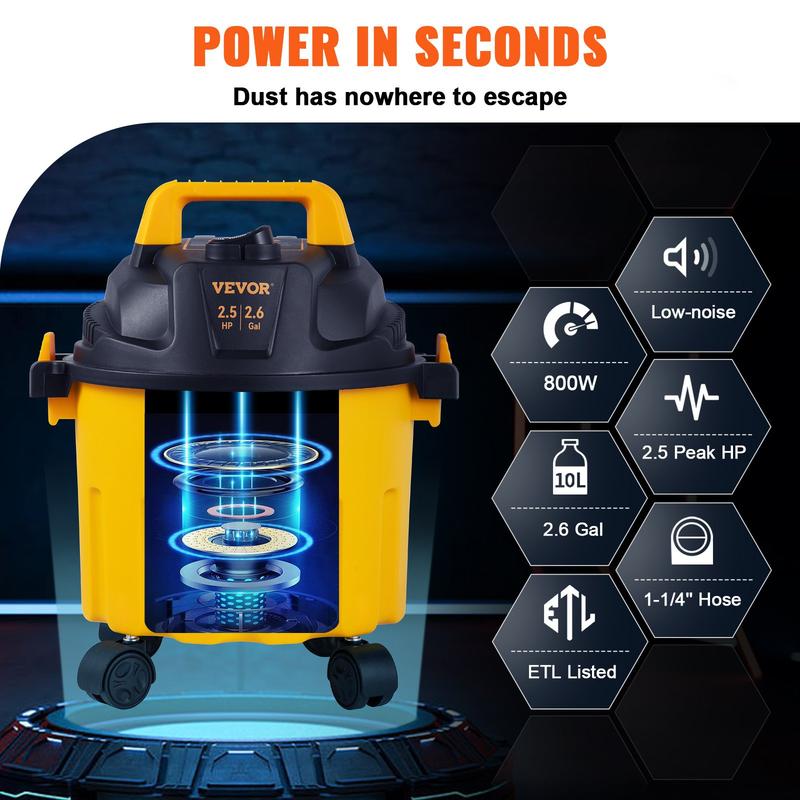 Aspiradora VEVOR para sólidos y líquidos, capacidad máxima de 8 galones, 6 HP de potencia máxima, 3 en 1, con función de soplado, portátil con accesorios para limpiar pisos, tapicería y espacios. Certificación ETL. Aspiradora de alta potencia con potente