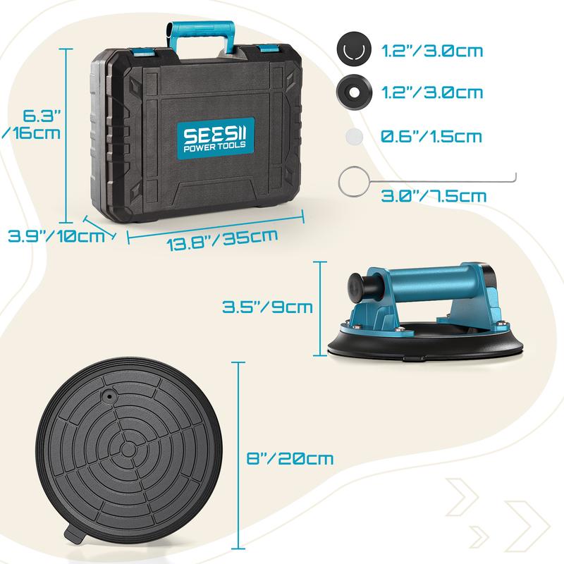 Ventosas SEESII para levantar vidrio: Elevador de ventosas para azulejos de 8" con mango y bomba, elevador de vacío de alta resistencia con capacidad de carga de 200 kg para levantar azulejos grandes, granito, metal y ventanas (paquete de 2).