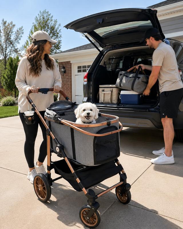 Cochecito para mascotas TLGREEN para perros y gatos medianos de hasta 25 kg, cochecito todoterreno 3 en 1 con transportín desmontable, ruedas de goma, plegado con un solo clic, cesta de almacenamiento y portavasos, cochecito de viaje para exteriores para