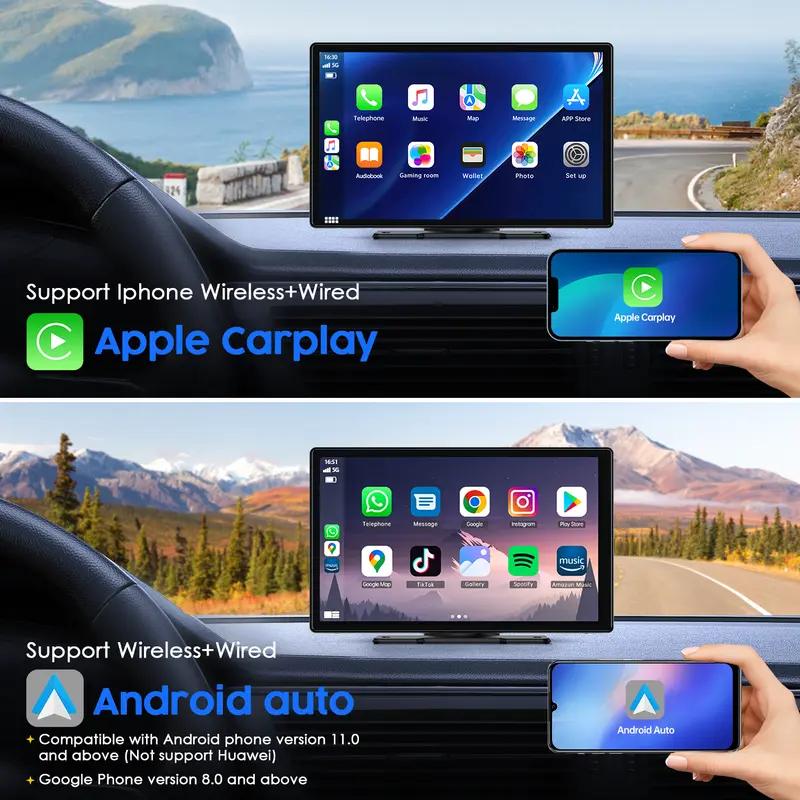 WHATOOK CarPlay inalámbrico portátil de 9 pulgadas con cámara de visión trasera 1080p, navegación GPS, Mirror Link, control por voz y Bluetooth para la actualización del sistema de audio del automóvil.