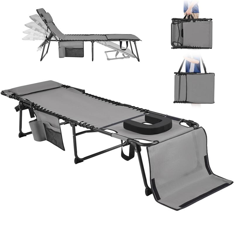 Silla plegable para tomar el sol en el patio, con orificio para la cara, tumbona reclinable ajustable en 5 posiciones, ranuras para los brazos, práctico espacio de almacenamiento para tomar el sol y broncearse la espalda.