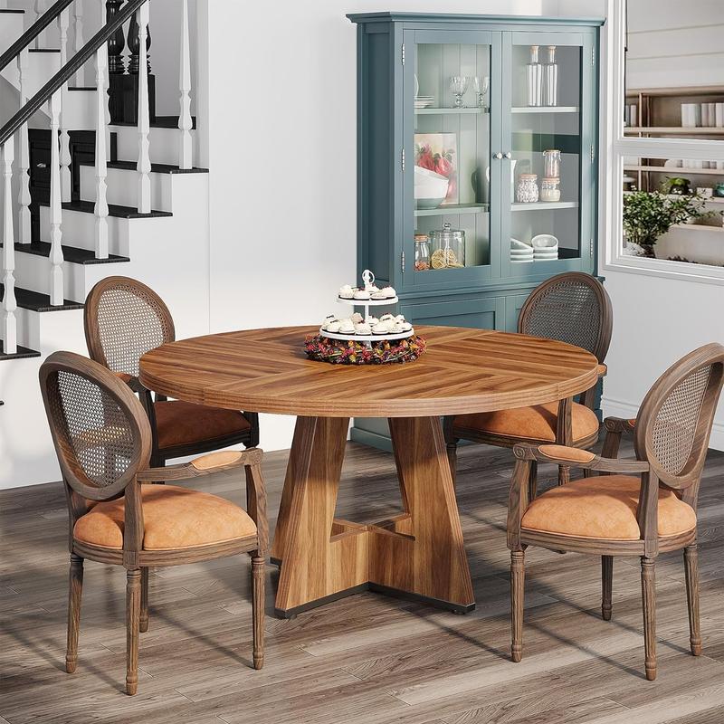 Mesa de comedor redonda de 119 cm para 4 personas - Madera de ingeniería de alta calidad, fácil de limpiar, impermeable, duradera, sillas no incluidas. Modo mesa con pedestal.
