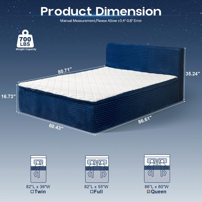 Cama moderna sin huesos ALTRIGUS todo en uno, cama de suelo con pana suave y mullida para un sueño profundo, espuma viscoelástica de firmeza media para aliviar el dolor de espalda, colchón con aislamiento de movimiento en caja y sin montaje.