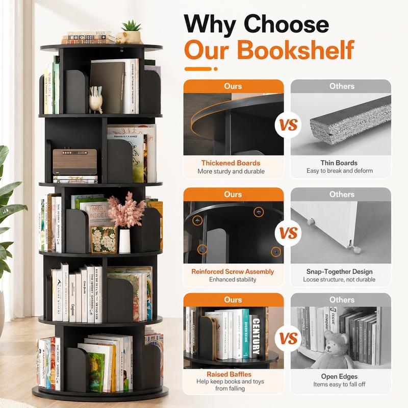 Estantería giratoria Homieasy de 4/5/6 niveles, torre de estantería giratoria de madera con exhibición de 360°, estantería de pie con almacenamiento, estantería giratoria de esquina para espacios pequeños, dormitorio, sala de estudio.