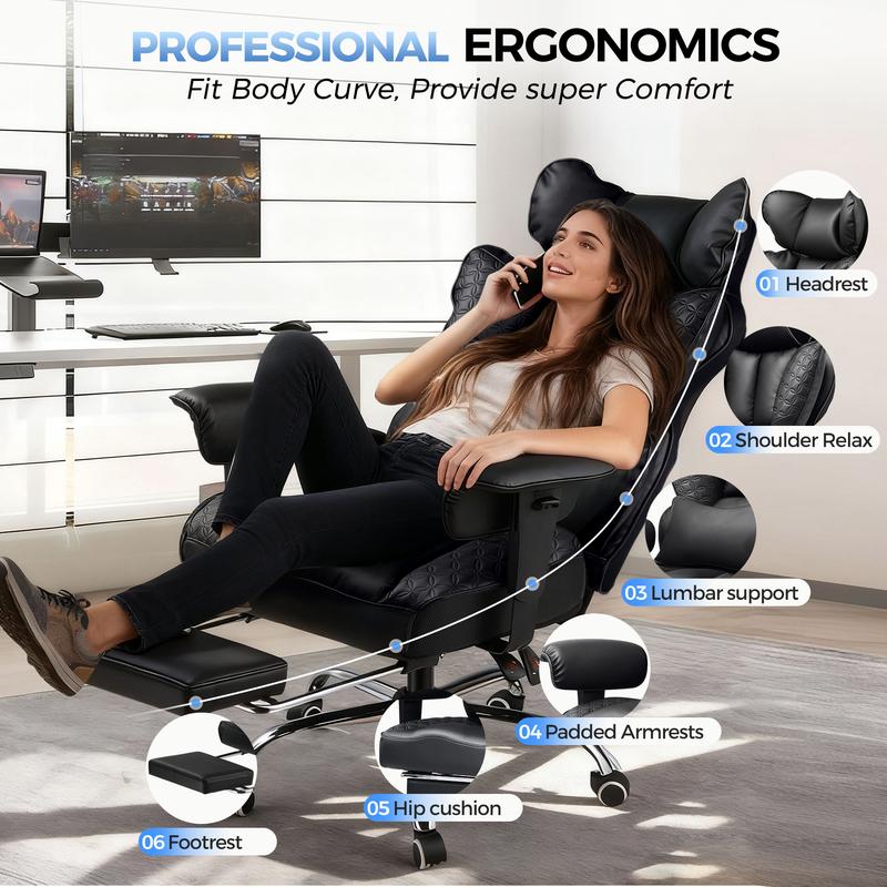 【Ofertas imperdibles】Silla de oficina grande y alta COMHOMA, soporta hasta 181 kg (400 lbs), silla ergonómica para juegos con cuero de lujo con relieve, reposapiés, reclinación de 150°, reposabrazos ajustables y respaldo con resortes ensacados.