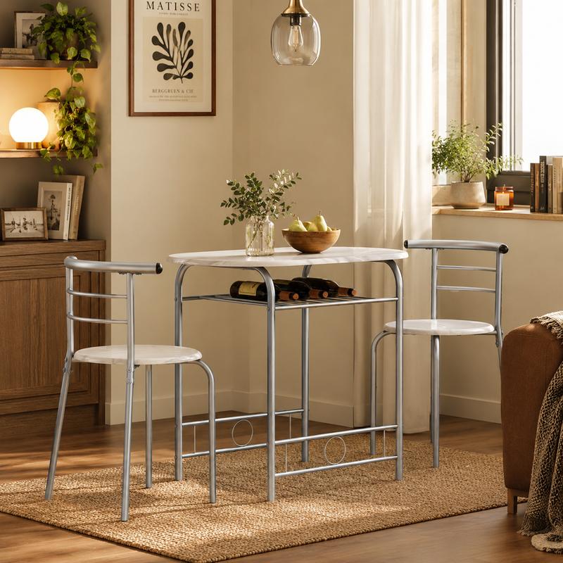 Juego de mesa de comedor de 3 piezas, mesa de cocina y sillas para 2 personas con patas de acero y estante de almacenamiento para cocina, apartamento o espacio pequeño.