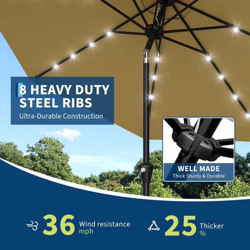 Sombrilla de exterior Garvee Modern de 300 cm (9 pies) resistente con luces LED solares, estructura de 8 varillas de alta resistencia, doble inclinación de 30°, manivela de fácil uso, sombrilla de protección solar resistente a la intemperie para jardín, b