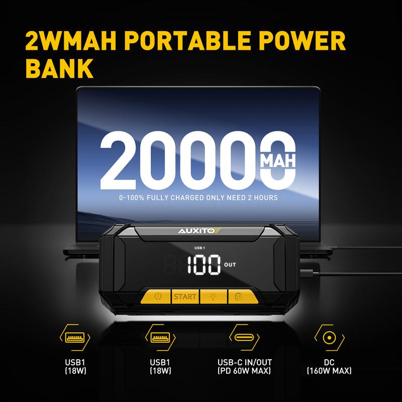 Arrancador de batería AUXITO 2025 mejorado, 8000 A de potencia máxima (para todos los motores de gasolina y diésel de hasta 10.0 L), 12 V, portátil, con linterna de 3 modos.