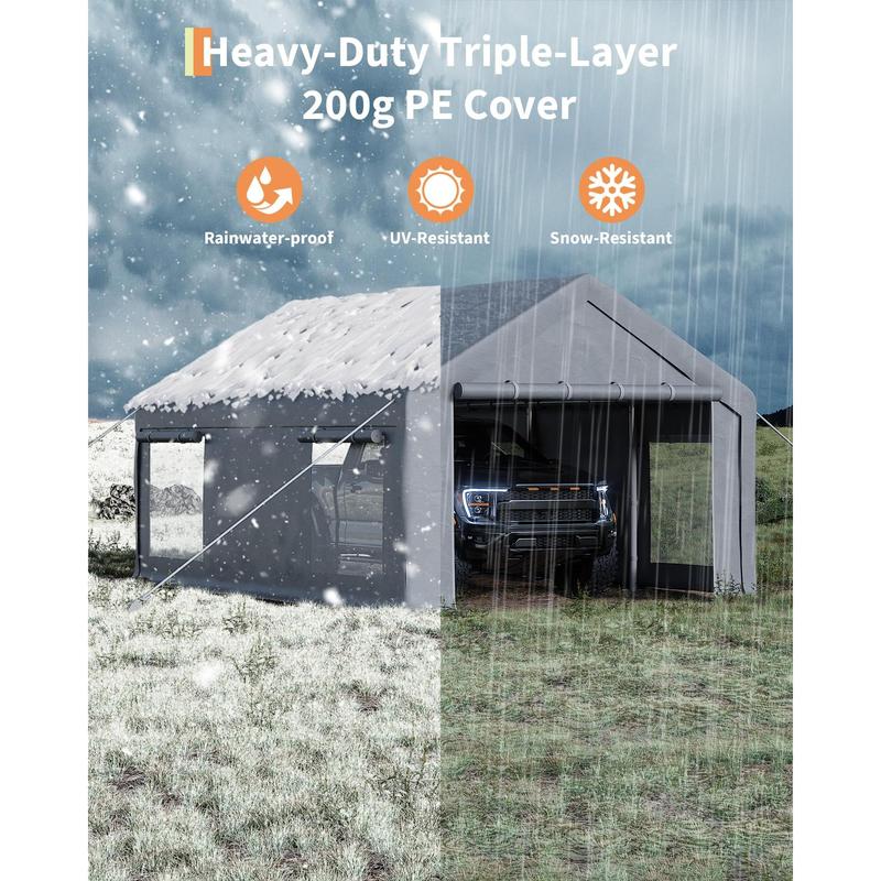 Cochera/garaje portátil resistente de 3,6 x 6 m, toldo de lona de PE de 200 g con 2 puertas enrollables y 4 ventanas, refugio de almacenamiento exterior para camionetas, SUV, barcos y eventos, disponible en caqui, gris y blanco.