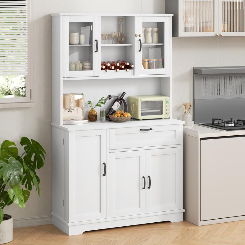 Armario de cocina Walsunny ajustable, aparador independiente con soporte para microondas, 4 puertas con estantes, estantes ajustables y botellero, color blanco.