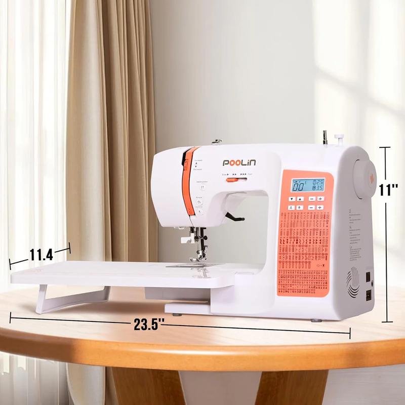 Máquina de coser electrónica PooLin EOC02RE, ideal para principiantes, modelo doméstico multifuncional con puntada invisible, opciones alfabéticas para costura DIY, puntadas incorporadas.