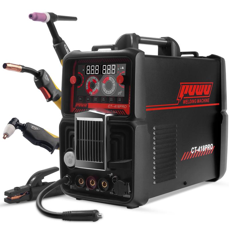 Soldadora de plasma PUWU CT-418PRO MIG a gas/MIG sin gas/TIG HF/Electrodo/Corte 5 en 1 Máquina de soldadura de aluminio 110V/220V Voltaje dual Inversor IGBT Pantalla LED Soldadora multiproceso MP200 con accesorios, máquina de soldadura portátil, máquina d