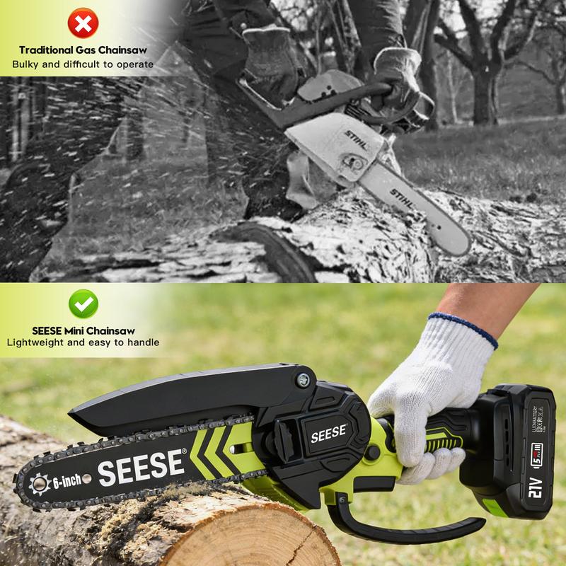 SEESE Mini Motosierra sin escobillas con sistema de lubricación - Sierra eléctrica inalámbrica portátil para cortar madera, funciona con baterías (2000 mAh), podar, jardinería y camping. Ideal para personas mayores y mujeres. Regalo perfecto para Navidad.