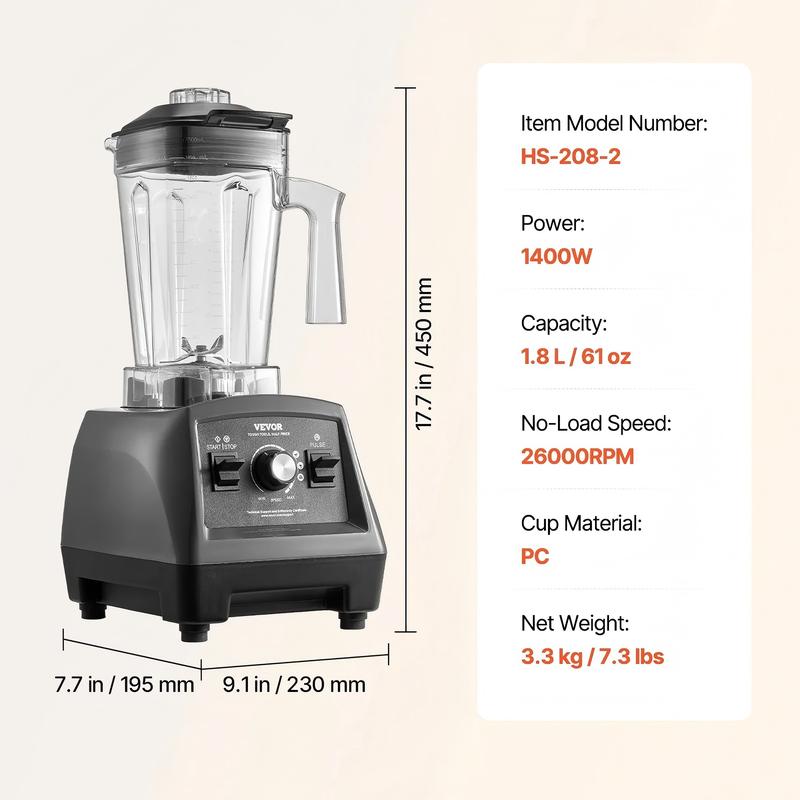 Licuadora profesional VEVOR con pantalla táctil y protector, máquina de jugo multifuncional comercial de mostrador, combo de 68 oz con acero inoxidable, 9 velocidades y juego de cuchillas silenciosas de 5 funciones, para batidos, smoothies, triturar hielo