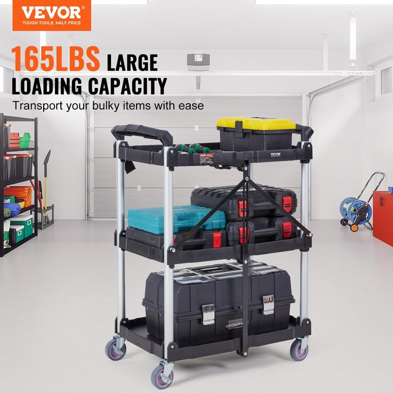 Carro de servicio móvil VEVOR de PVC resistente con 3 estantes - Capacidad de 75 kg, ruedas giratorias con bloqueo, asa ergonómica, soporte plegable con ruedas, estantes organizadores estables, ideal para artículos del hogar, hoteles y almacenes.