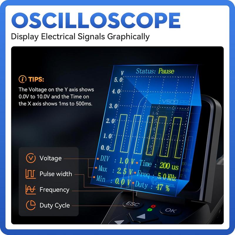 Probador automotriz VDIAGTOOL V500 Pro 2026 - Probador de relés de batería automotriz, herramienta de verificación de voltaje para automóviles, sonda de circuito de 9V-30V, buscador de disyuntores, multímetro, osciloscopio, buscador de circuitos abiertos