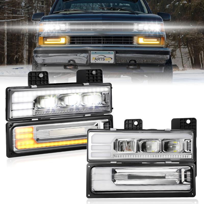 Conjunto de faros LED homologados por el DOT para Silverado C/K 1500/2500/3500 88-98, 6500K con intermitentes secuenciales, luz diurna con animación de arranque y luz alta/baja.