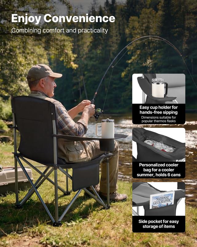 Sillas plegables extragrandes para camping VEVOR, paquete de 2, estructura metálica resistente de 204 kg, respaldo y reposabrazos acolchados de algodón resistente a la abrasión, portavasos, bolsillo lateral, bolsa térmica, bolsa de transporte para pesca a