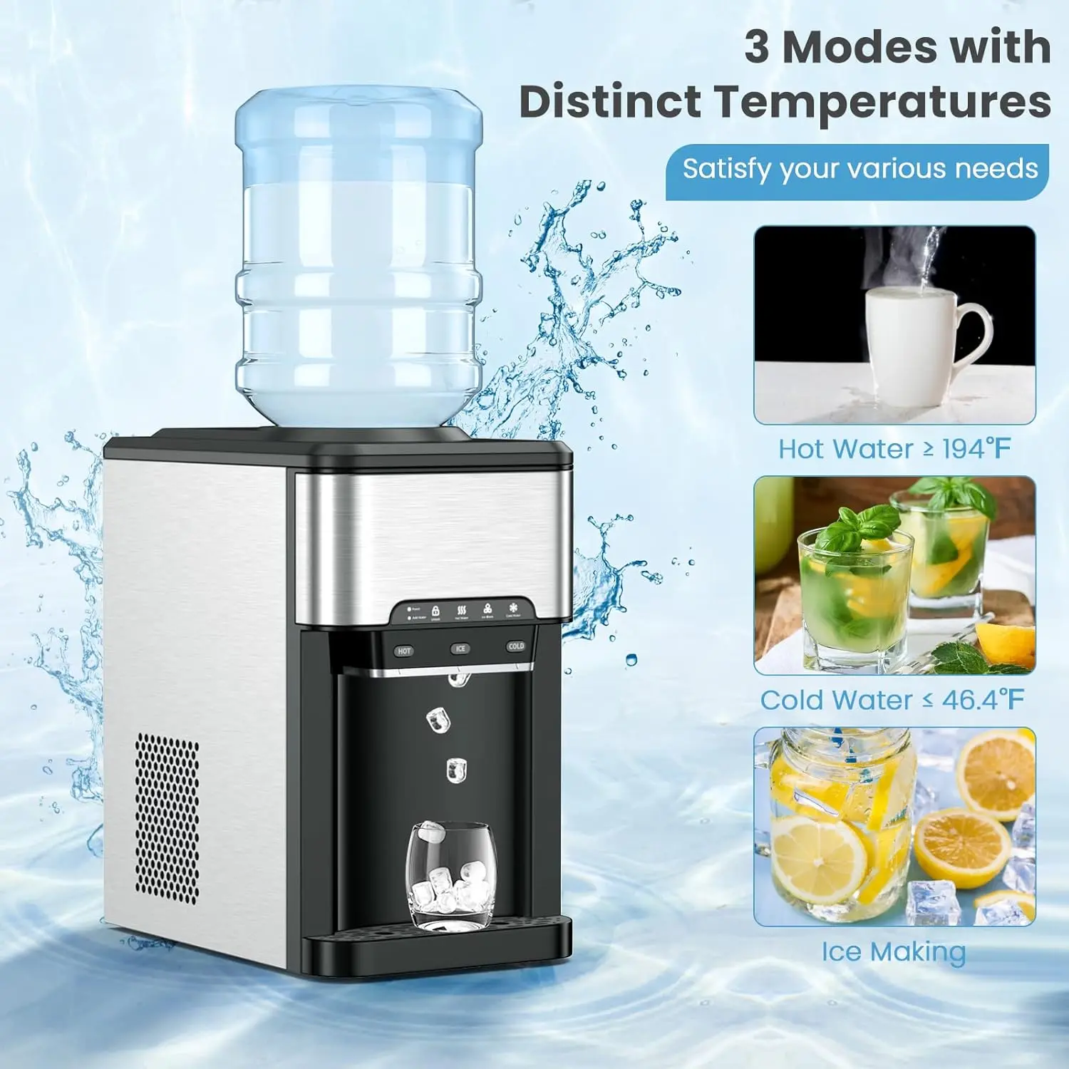 Dispensador de agua de sobremesa con máquina de hielo; dispensador 3 en 1 de carga superior para agua fría y caliente (garrafas de 5 galones) y producción de 48 libras de hielo al día.