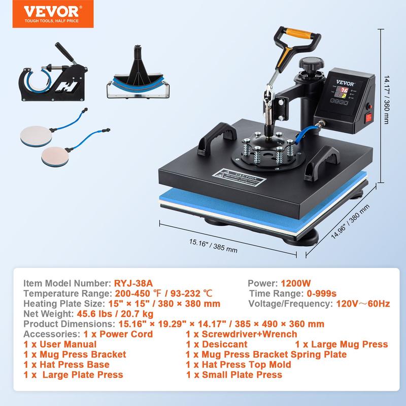 Prensa térmica de 15 x 15 pulgadas, 8 en 1, 800 W, para sublimación, rotación de 360°, función de giro, 8 en 1, para impresión de camisetas, calentamiento de doble tubo para camisetas, gorras y tazas DIY.