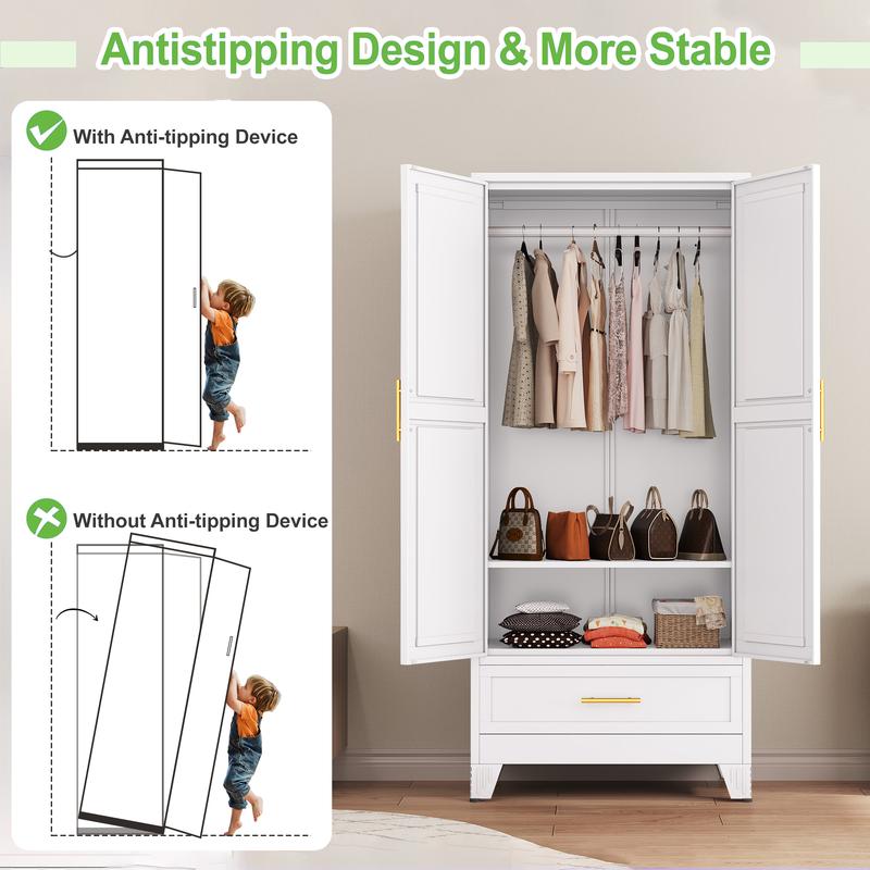 Armario metálico de 180 cm (71"), blanco, para dormitorio, con espejo, 1 cajón, estantes ajustables y barra para colgar ropa. Armario de acero independiente con espejo, ideal para dormitorio y habitación de invitados.