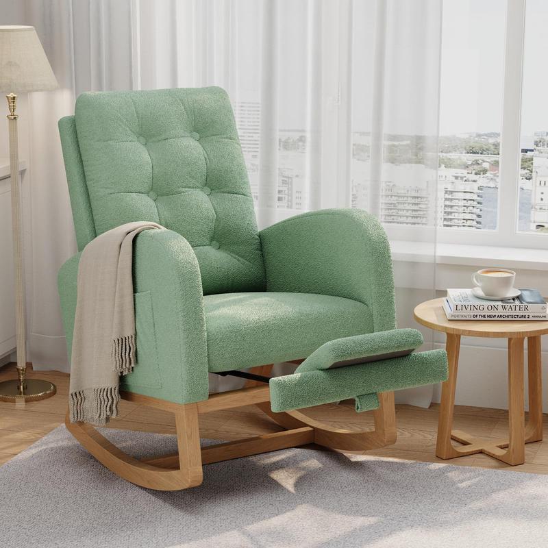 Mecedora reclinable moderna para guardería con carga USB, sillón mecedora tapizado de estilo mediados de siglo con respaldo alto, bolsillo lateral y patas de madera resistentes para cuarto de lactancia, dormitorio o sala de estar.