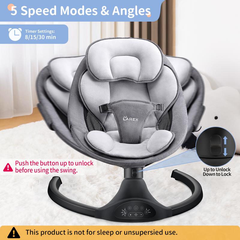 Columpio para bebés LAREX | Hamaca eléctrica para bebés, columpio portátil para niño o niña, mecedora de interior con control remoto, 5 velocidades de balanceo, 1 posición de asiento, 10 melodías y Bluetooth (Negro)